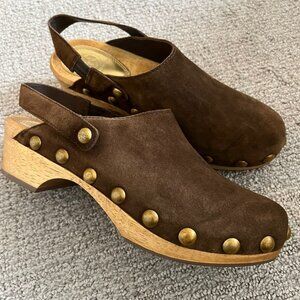 Tory Burch Blythe Brown Suede Clogs Studded Chunky Wooden Heels